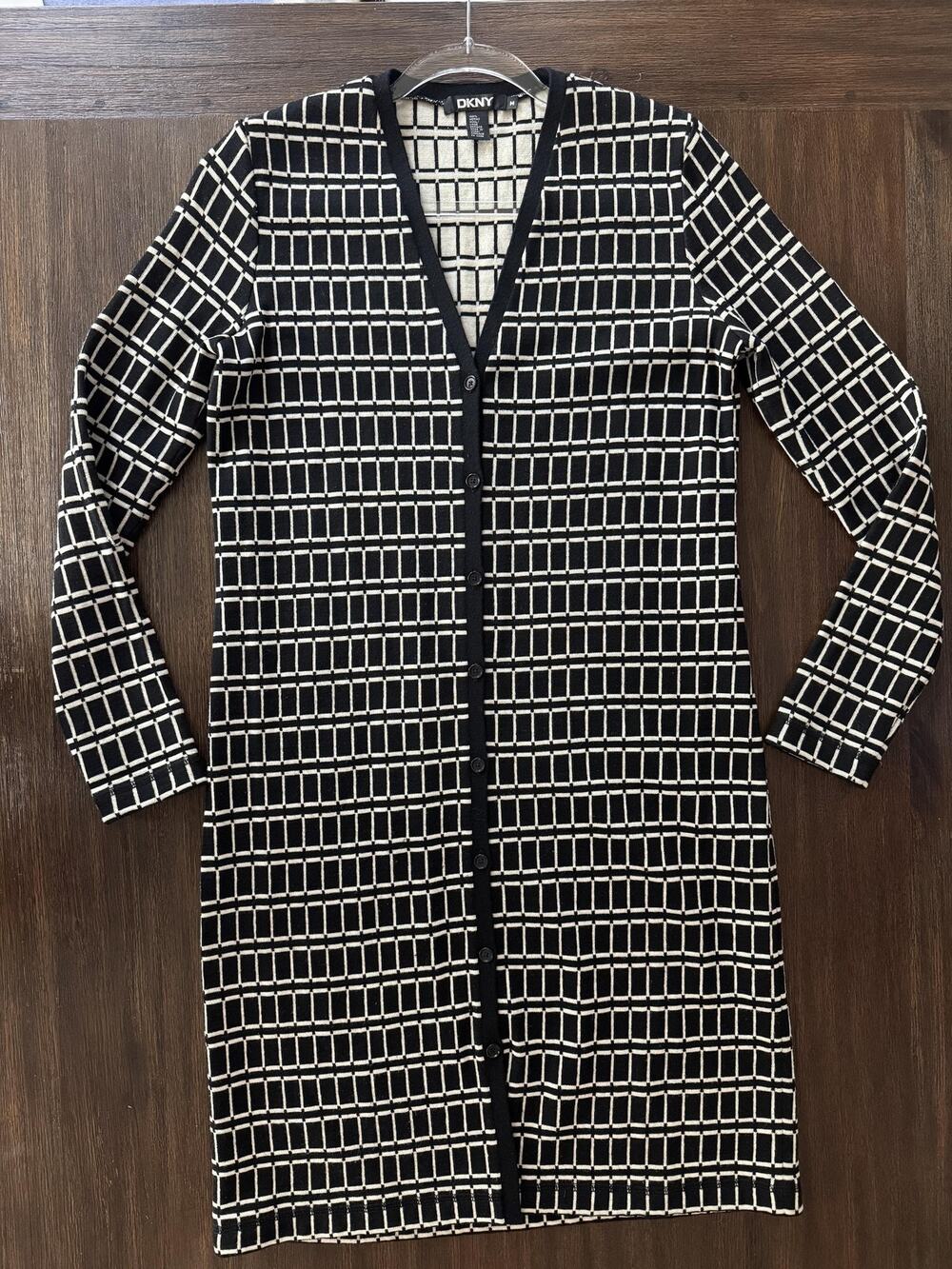 DKNY Duster Long Cardigan Sweater Womens Medium Windowpane Merino Wool Knit